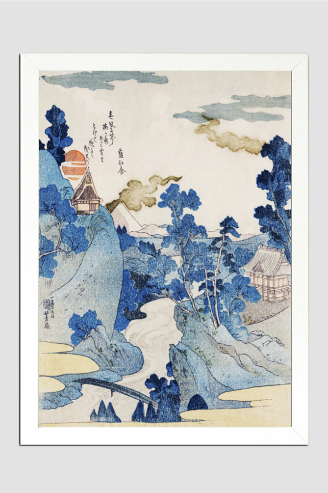 Fuji no Yukei by Utagawa Kuniyoshi (1798-1861), translated An Evening View of Fuji, a traditional Japanese ukiyo-e style illustration of the stream of Asazawa in spring with view of Mount Fuji from the hot springs at Hakon