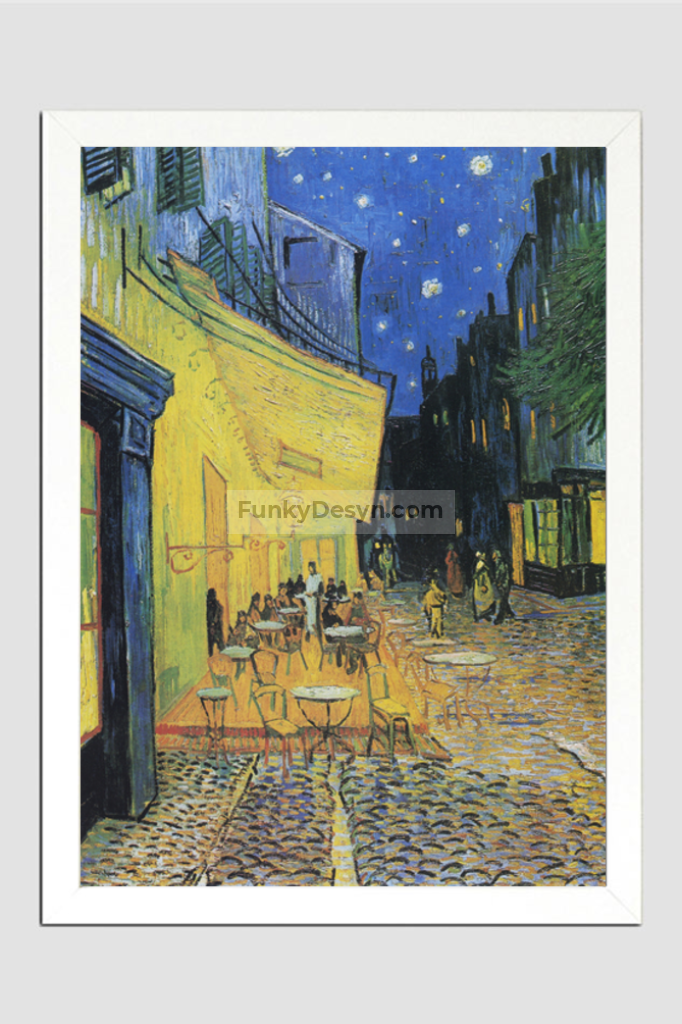 Vincent Van Goghs Café Terrace At Night (1888) Famous Painting 11.7X16.54 Inches/ White Framed