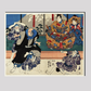 Sato Norikiyo Nyudo Saigo Yoshinaka by Utagawa Kuniyoshi (1753-1806), a traditional Japanese ukiyo-e style diptych illustration of a traditional Japanese man role, Sato Norikiyo, fighting off men who try to stop him to bec