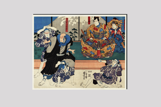 Sato Norikiyo Nyudo Saigo Yoshinaka by Utagawa Kuniyoshi (1753-1806), a traditional Japanese ukiyo-e style diptych illustration of a traditional Japanese man role, Sato Norikiyo, fighting off men who try to stop him to bec