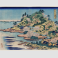Sesshu Ajigawaguchi Tenposan by Katsushika Hokusai (1760-1849) a traditional Japanese Ukyio-e style illustration of a coastal community with shrines and pilgrims entering into the island