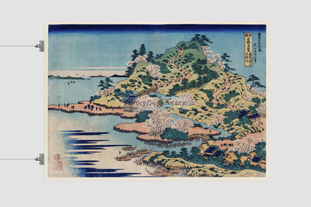 Sesshu Ajigawaguchi Tenposan by Katsushika Hokusai (1760-1849) a traditional Japanese Ukyio-e style illustration of a coastal community with shrines and pilgrims entering into the island