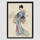 Woman, Full-Length Portrait, Standing, Facing Left, Holding Fan in Right Hand, Wearing Kimono with Check Design by Katsushika Hokusai (1760-1849), a traditional Japanese Ukyio-e style illustration of a Japanese woman in ki