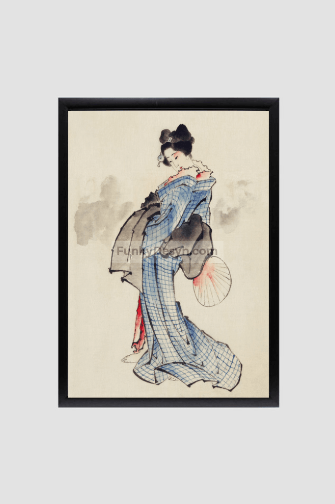 Woman, Full-Length Portrait, Standing, Facing Left, Holding Fan in Right Hand, Wearing Kimono with Check Design by Katsushika Hokusai (1760-1849), a traditional Japanese Ukyio-e style illustration of a Japanese woman in ki