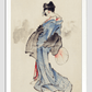 Woman, Full-Length Portrait, Standing, Facing Left, Holding Fan in Right Hand, Wearing Kimono with Check Design by Katsushika Hokusai (1760-1849), a traditional Japanese Ukyio-e style illustration of a Japanese woman in ki