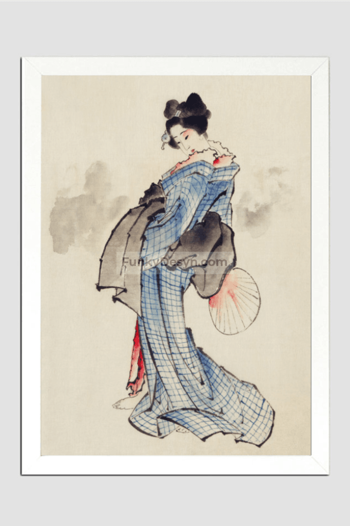 Woman, Full-Length Portrait, Standing, Facing Left, Holding Fan in Right Hand, Wearing Kimono with Check Design by Katsushika Hokusai (1760-1849), a traditional Japanese Ukyio-e style illustration of a Japanese woman in ki