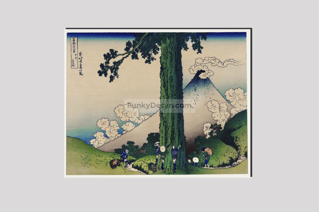 Mishima Pass in Kai Province by Katsushika Hokusai (1760-1849) a traditional Japanese Ukyio-e style illustration of Japanese local famers taking a break by the tree and Mount Fuji in the distance