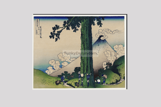 Mishima Pass in Kai Province by Katsushika Hokusai (1760-1849) a traditional Japanese Ukyio-e style illustration of Japanese local famers taking a break by the tree and Mount Fuji in the distance