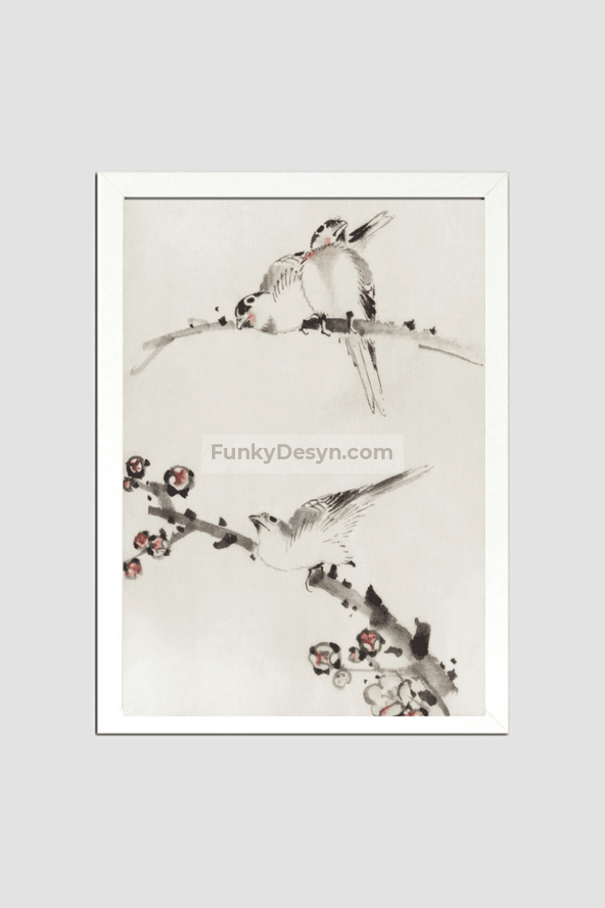 Three Birds Perched on Branches, One with Blossoms by Katsushika Hokusai