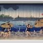 “People Walking Beneath Umbrellas Along the Seashore During a Rainstorm” by Utagawa Kuniyoshi (1798-1861), a woodcut illustrations of rural people traveling while raining.