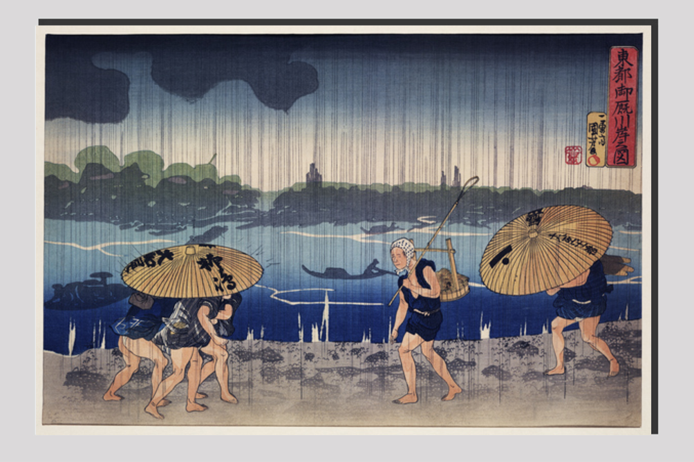 “People Walking Beneath Umbrellas Along the Seashore During a Rainstorm” by Utagawa Kuniyoshi (1798-1861), a woodcut illustrations of rural people traveling while raining.