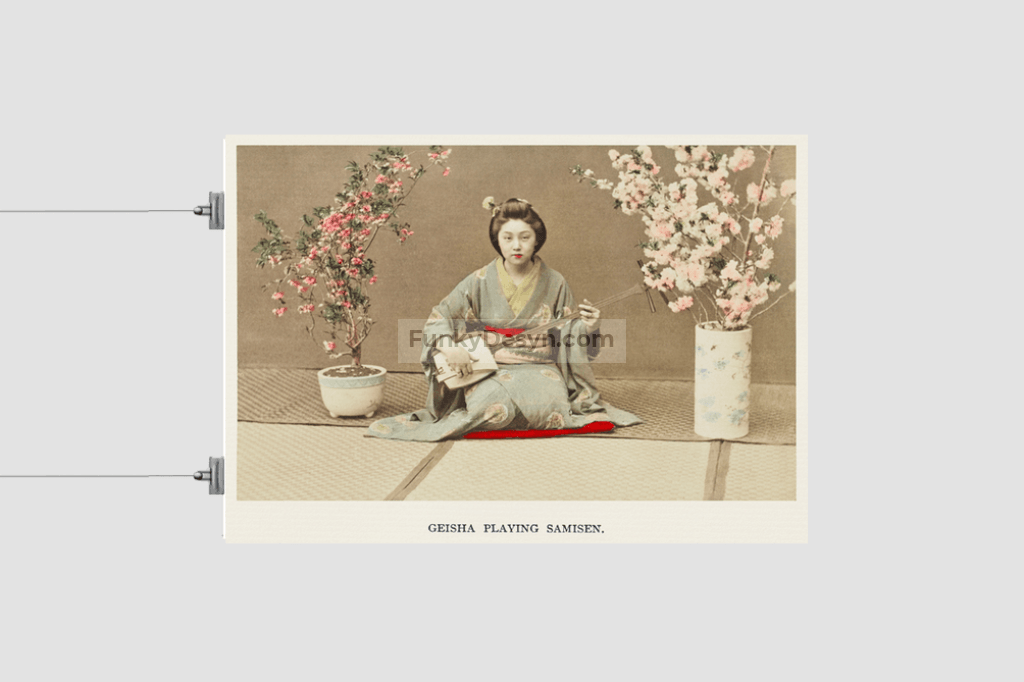 Geisha Playing Samisen, hand–colored albumen silver print from Japan. Described and Illustrated by the Japanese (1897) by Kazumasa Ogawa.