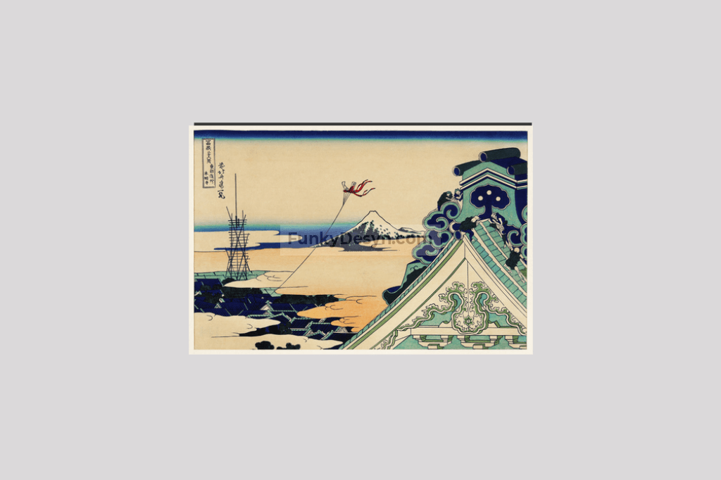 Toto Asakusa Honganji by Katsushika Hokusai (1760-1849), meaning Hongan-ji Temple at Asakusa in the Eastern Capital, a traditional Japanese Ukyio-e style illustration of a traditional temple with a kite flying through the