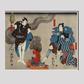 Oyone Magoshichi Taheiji by Utagawa Kuniyoshi (1798-1861), a woodcut diptychs of the traditional Japanese play with three actors, two male with sword, one protecting a woman and one intimidating them. Original from Library