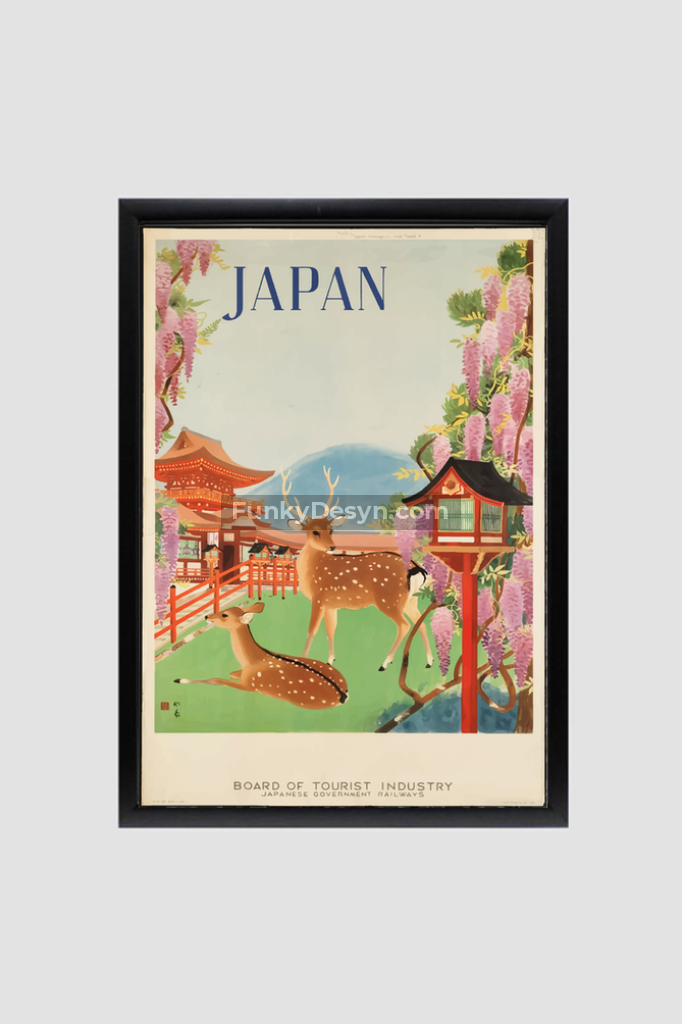 Visit Japan Vintage Travel Poster 8.3X11.7 Inches/ Black Framed Decor