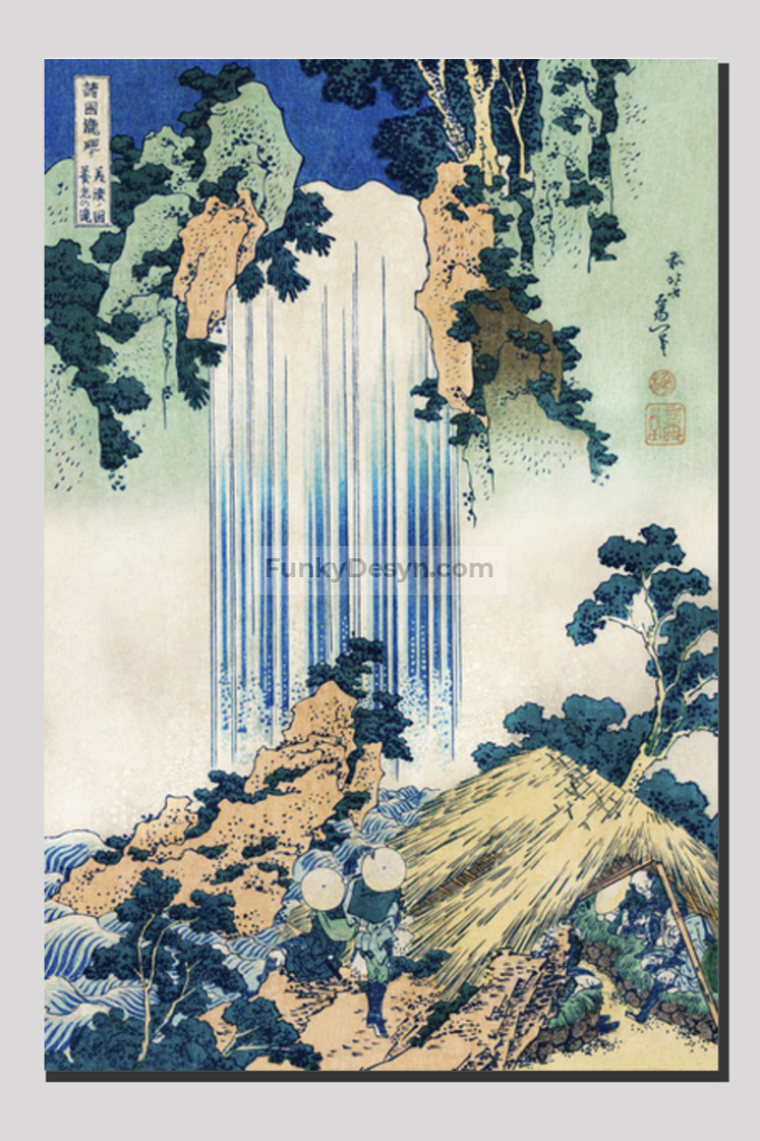 Yoro Waterfall in Mino Province by Katsushika Hokusai (1760-1849) a traditional Japanese Ukyio-e style illustration of two travellers looking at a waterfall and some travelers resting at the side