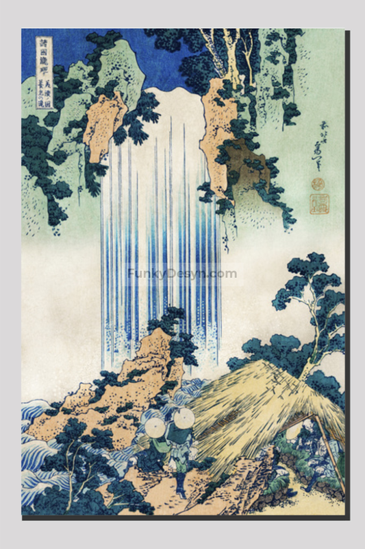 Yoro Waterfall in Mino Province by Katsushika Hokusai (1760-1849) a traditional Japanese Ukyio-e style illustration of two travellers looking at a waterfall and some travelers resting at the side