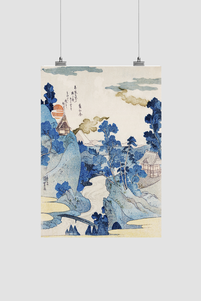Fuji no Yukei by Utagawa Kuniyoshi (1798-1861), translated An Evening View of Fuji, a traditional Japanese ukiyo-e style illustration of the stream of Asazawa in spring with view of Mount Fuji from the hot springs at Hakon