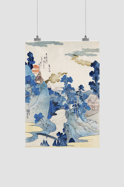 Fuji no Yukei by Utagawa Kuniyoshi (1798-1861), translated An Evening View of Fuji, a traditional Japanese ukiyo-e style illustration of the stream of Asazawa in spring with view of Mount Fuji from the hot springs at Hakon