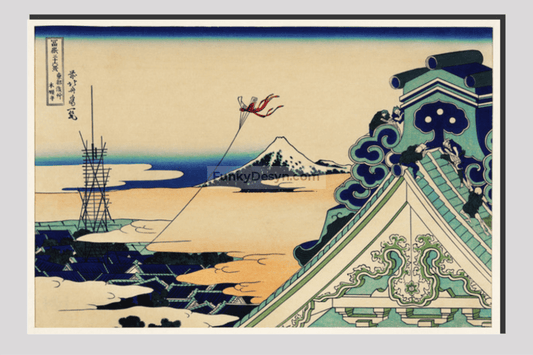 Toto Asakusa Honganji by Katsushika Hokusai (1760-1849), meaning Hongan-ji Temple at Asakusa in the Eastern Capital, a traditional Japanese Ukyio-e style illustration of a traditional temple with a kite flying through the