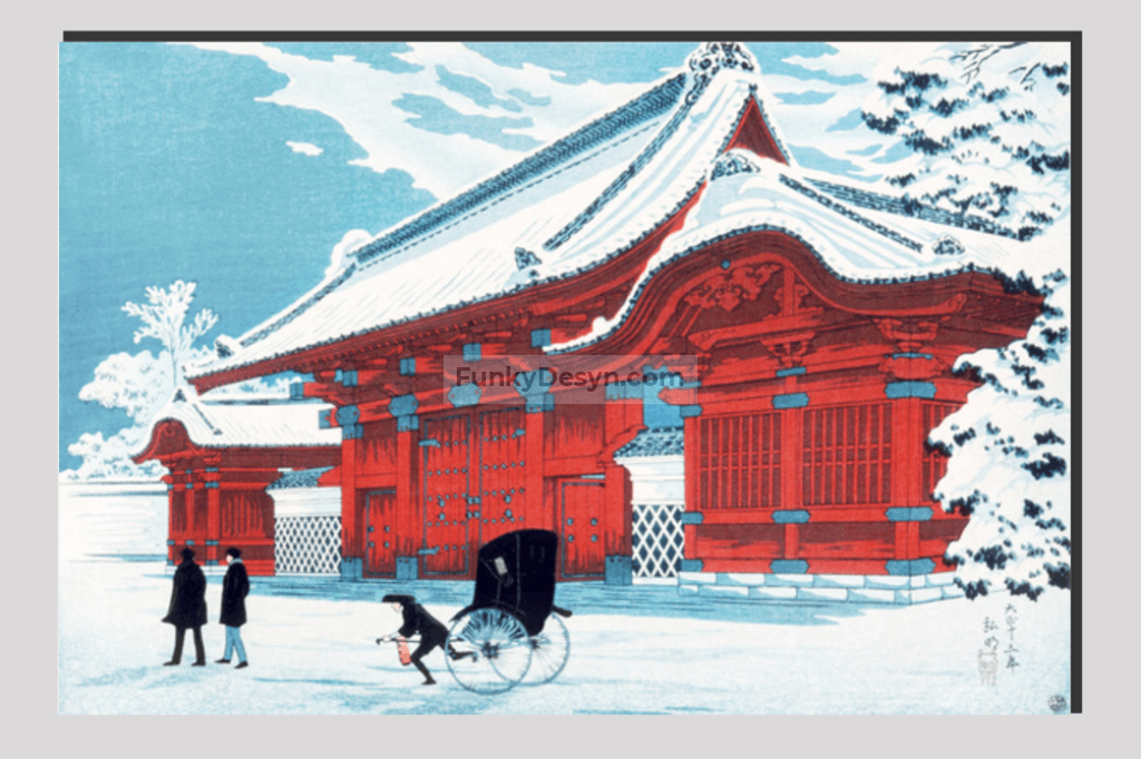 The Red Gate of Hongo in Snow (1926)  by Hiroaki Takahashi