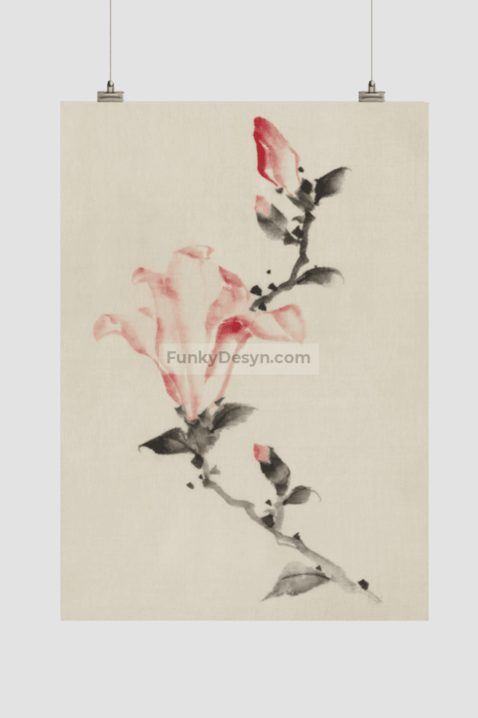 Large Pink Blossom on a Stem with Three Additional Buds by Katsushika Hokusai