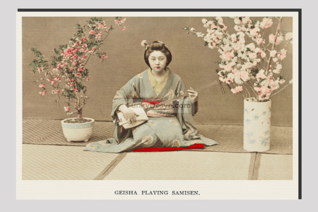 Geisha Playing Samisen, hand–colored albumen silver print from Japan. Described and Illustrated by the Japanese (1897) by Kazumasa Ogawa.