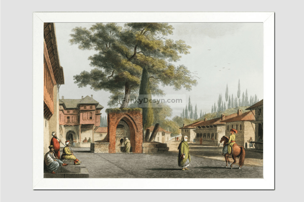 Caravansary at Kustchiuk Czemege from Views in the Ottoman Dominions, in Europe, in Asia, and some of the Mediterranean islands (1810)  by Luigi Mayer (1755-1803).