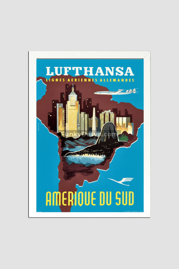 1958 Lufthansa South America Travel Poster 8.3X11.7 Inches/ White Framed Decor