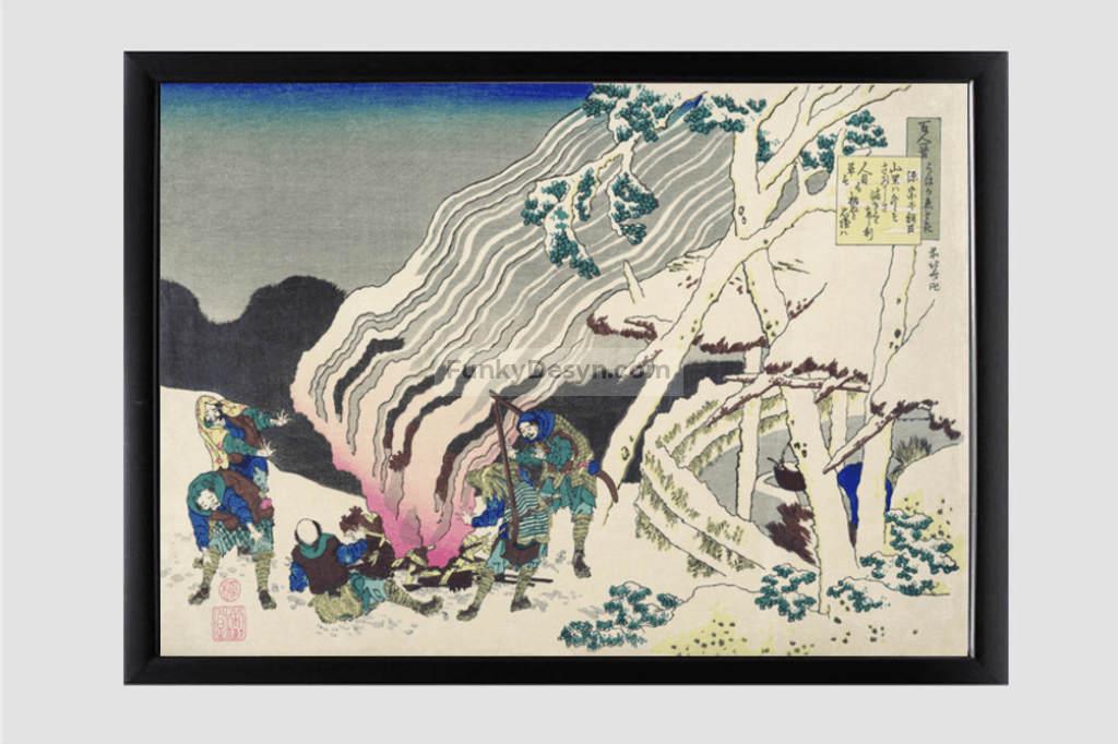 Minamoto no Muneyuki Ason by Katsushika Hokusai (1760-1849) a traditional Japanese Ukyio-e style illustration and poem of courtier warming themselves near the fire in the wintry night