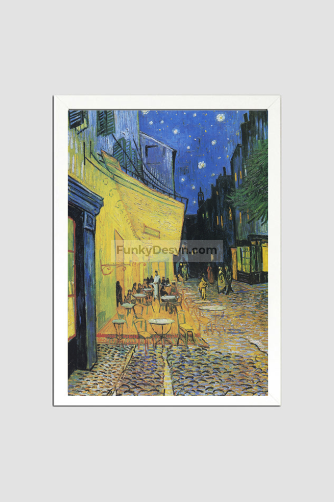 Vincent Van Goghs Café Terrace At Night (1888) Famous Painting 8.3X11.7 Inches/ White Framed Poster