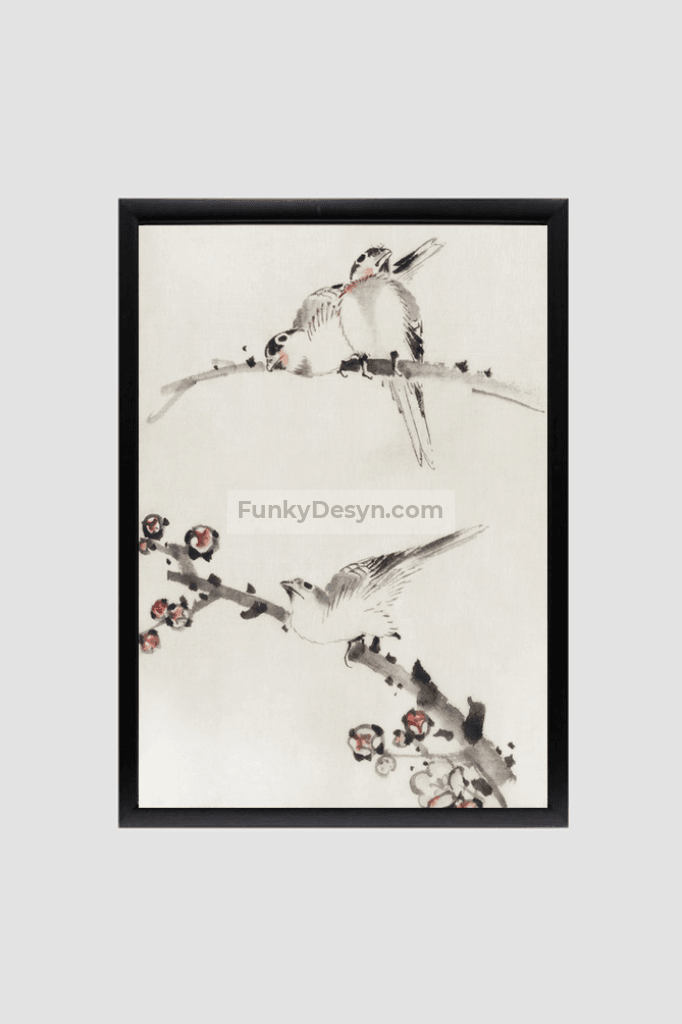Three Birds Perched on Branches, One with Blossoms by Katsushika Hokusai