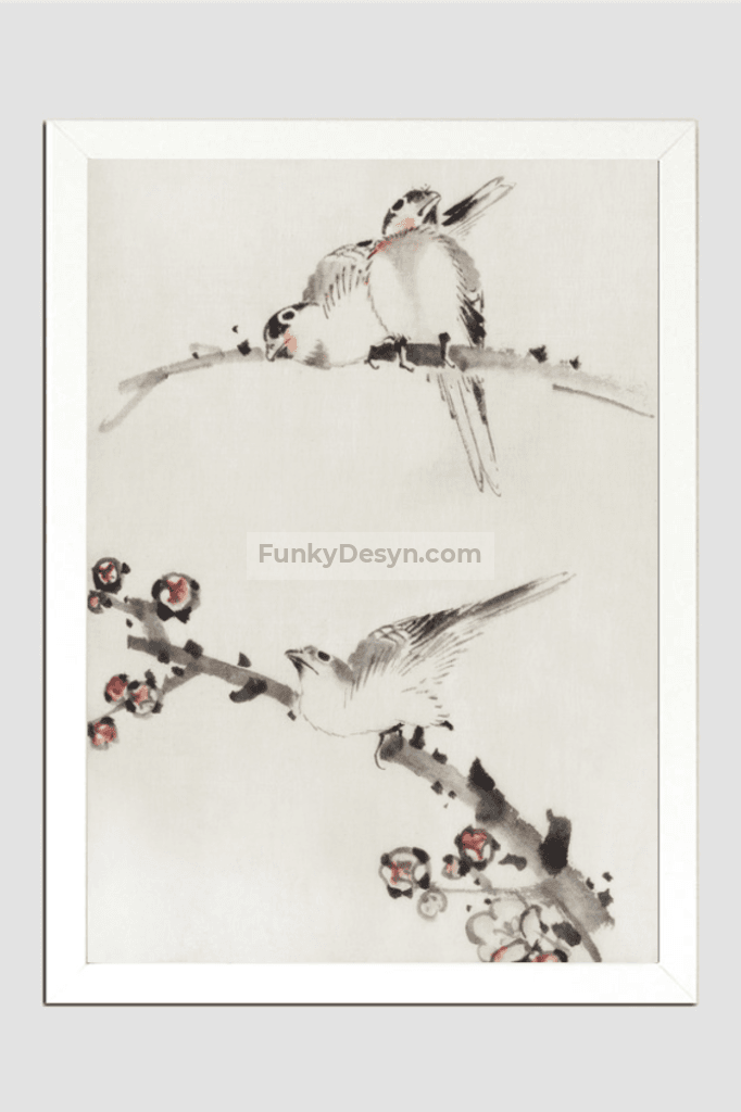 Three Birds Perched on Branches, One with Blossoms by Katsushika Hokusai