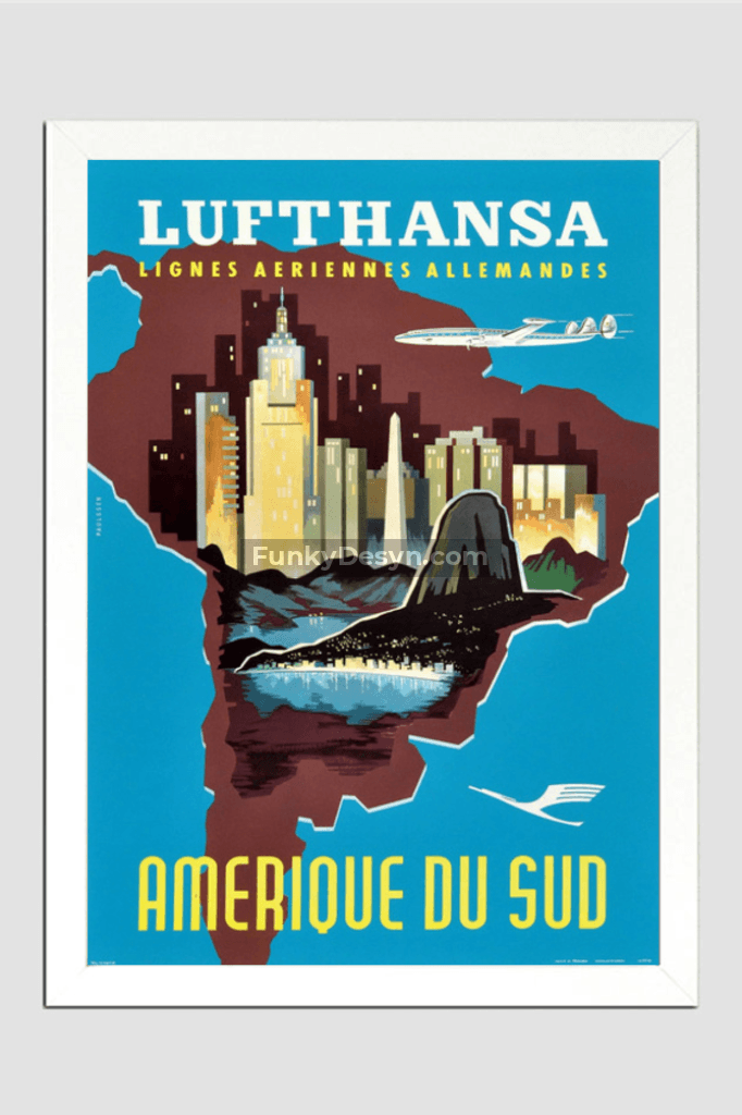 1958 Lufthansa South America Travel Poster 11.7X16.54 Inches/ White Framed Decor