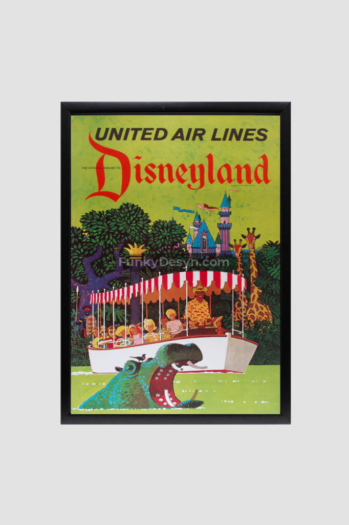 United Airlines Disneyland Vintage Travel Poster 8.3X11.7 Inches/ Black Framed Decor
