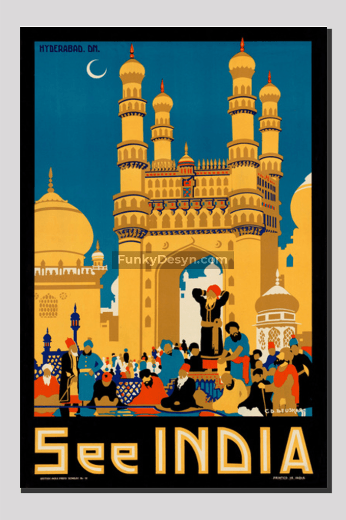 Visit India- Vintage Hyderabad Poster 20X30 Inches/ Wrapped Canvas Decor
