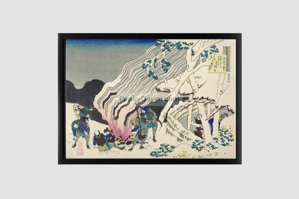 Minamoto no Muneyuki Ason by Katsushika Hokusai (1760-1849) a traditional Japanese Ukyio-e style illustration and poem of courtier warming themselves near the fire in the wintry night