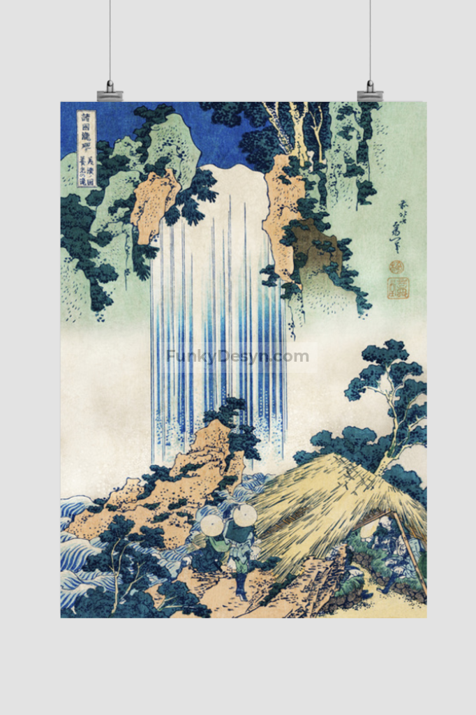 Yoro Waterfall in Mino Province by Katsushika Hokusai (1760-1849) a traditional Japanese Ukyio-e style illustration of two travellers looking at a waterfall and some travelers resting at the side
