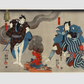 Oyone Magoshichi Taheiji by Utagawa Kuniyoshi (1798-1861), a woodcut diptychs of the traditional Japanese play with three actors, two male with sword, one protecting a woman and one intimidating them. Original from Library