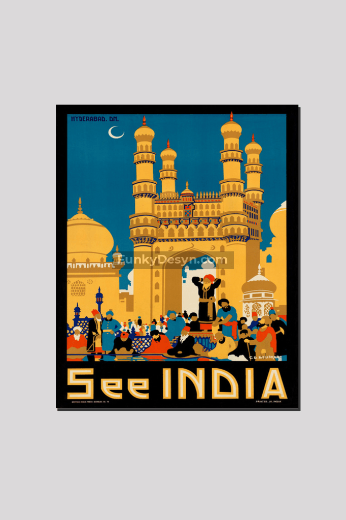 Visit India- Vintage Hyderabad Poster 16X20 Inches/ Wrapped Canvas Decor