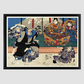 Sato Norikiyo Nyudo Saigo Yoshinaka by Utagawa Kuniyoshi (1753-1806), a traditional Japanese ukiyo-e style diptych illustration of a traditional Japanese man role, Sato Norikiyo, fighting off men who try to stop him to bec