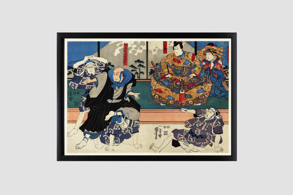 Sato Norikiyo Nyudo Saigo Yoshinaka by Utagawa Kuniyoshi (1753-1806), a traditional Japanese ukiyo-e style diptych illustration of a traditional Japanese man role, Sato Norikiyo, fighting off men who try to stop him to bec