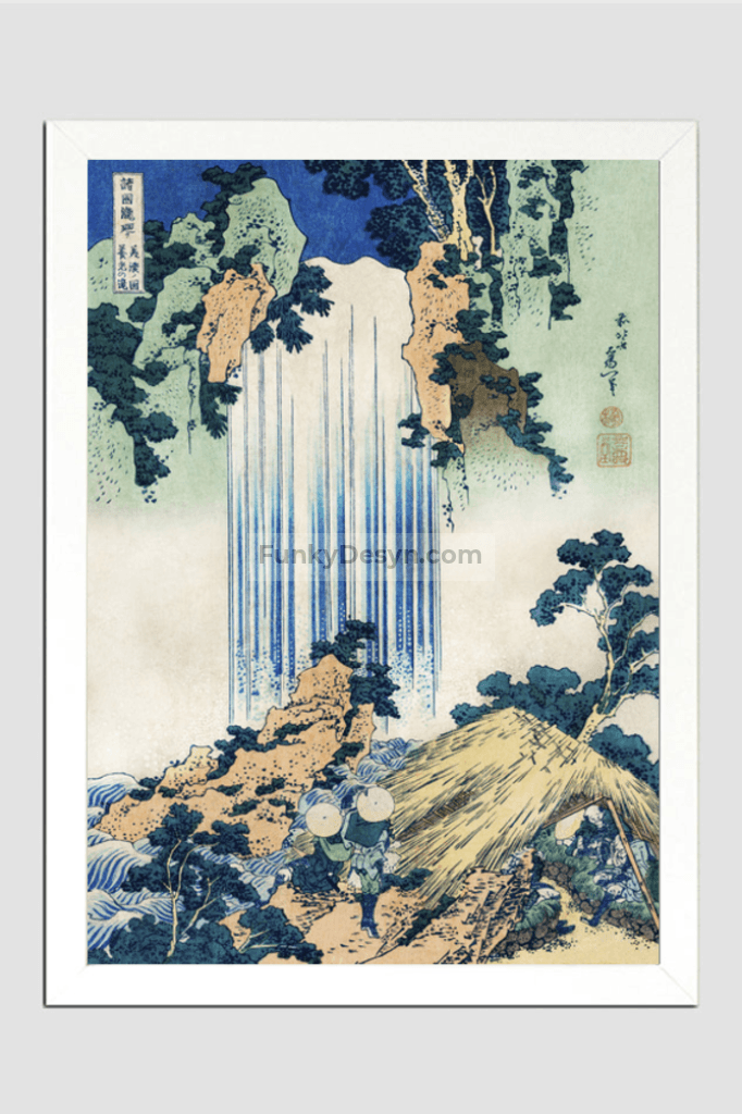 Yoro Waterfall in Mino Province by Katsushika Hokusai (1760-1849) a traditional Japanese Ukyio-e style illustration of two travellers looking at a waterfall and some travelers resting at the side