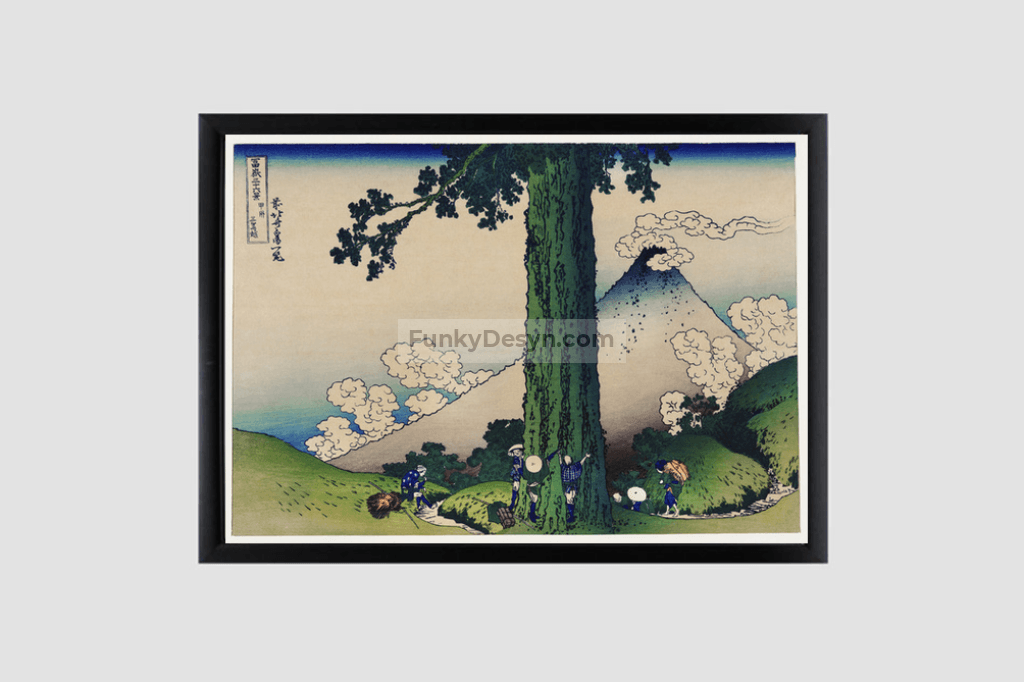 Mishima Pass in Kai Province by Katsushika Hokusai (1760-1849) a traditional Japanese Ukyio-e style illustration of Japanese local famers taking a break by the tree and Mount Fuji in the distance