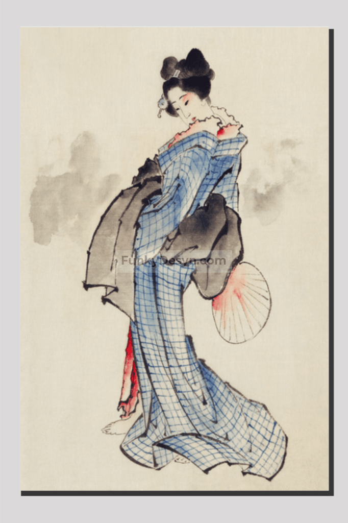 Woman, Full-Length Portrait, Standing, Facing Left, Holding Fan in Right Hand, Wearing Kimono with Check Design by Katsushika Hokusai (1760-1849), a traditional Japanese Ukyio-e style illustration of a Japanese woman in ki