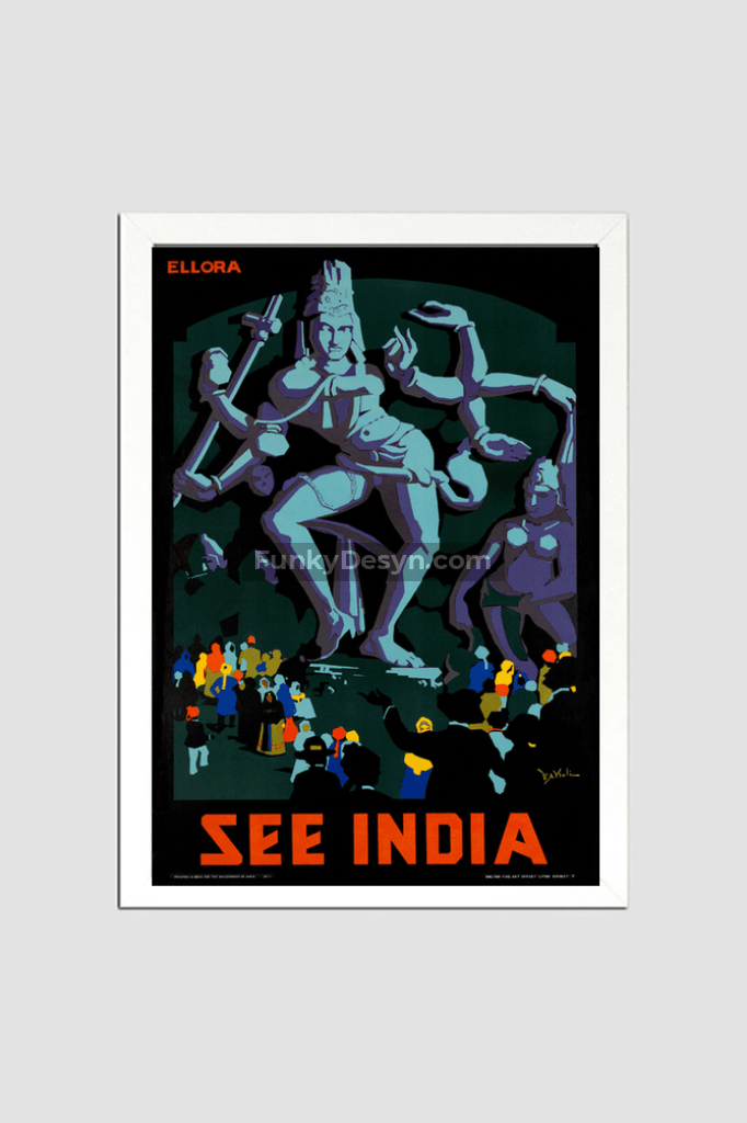 See India Ellora - Vintage Travel Poster 8.3X11.7 Inches/ White Framed Decor
