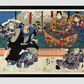 Sato Norikiyo Nyudo Saigo Yoshinaka by Utagawa Kuniyoshi (1753-1806), a traditional Japanese ukiyo-e style diptych illustration of a traditional Japanese man role, Sato Norikiyo, fighting off men who try to stop him to bec