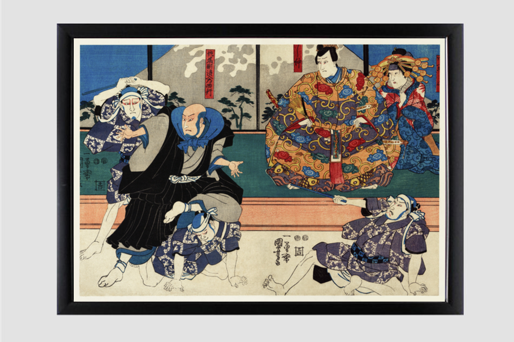 Sato Norikiyo Nyudo Saigo Yoshinaka by Utagawa Kuniyoshi (1753-1806), a traditional Japanese ukiyo-e style diptych illustration of a traditional Japanese man role, Sato Norikiyo, fighting off men who try to stop him to bec