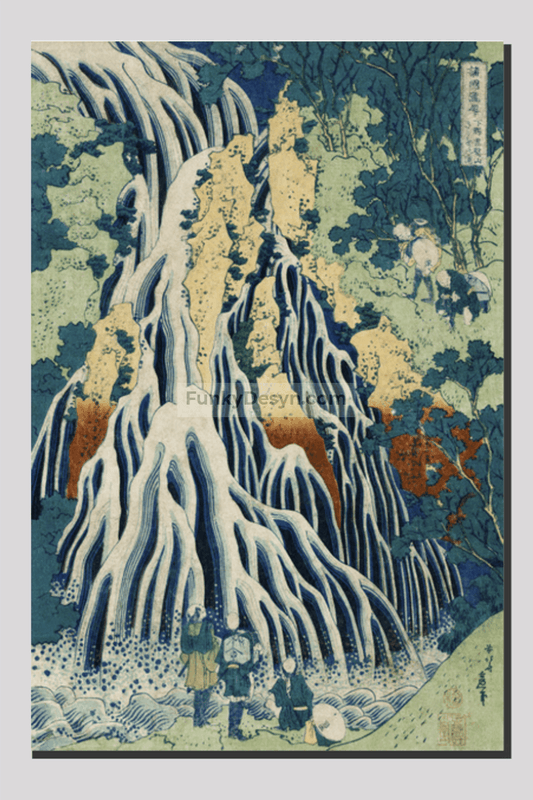 Shimotsuke Kurokami-Yama Kurifuri no Taki by Katsushika Hokusai (1760-1849) a traditional Japanese Ukyio-e style illustration of majestic Kirifuri Falls at Mount Kurokami in Shimosuke and sightseers