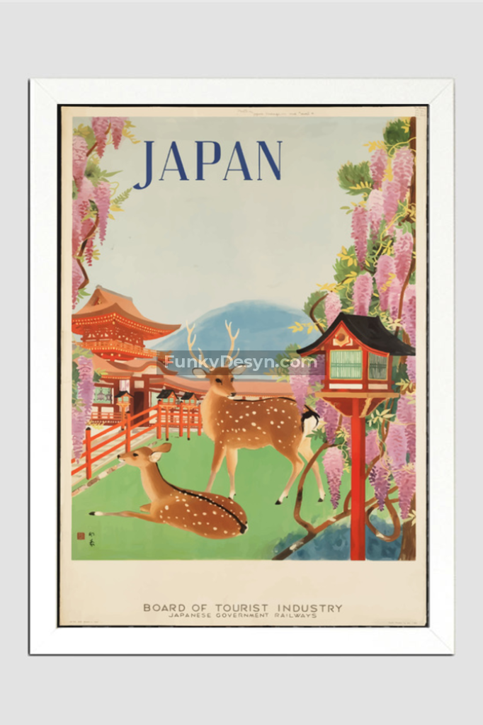 Visit Japan Vintage Travel Poster 11.7X16.54 Inches/ White Framed Decor